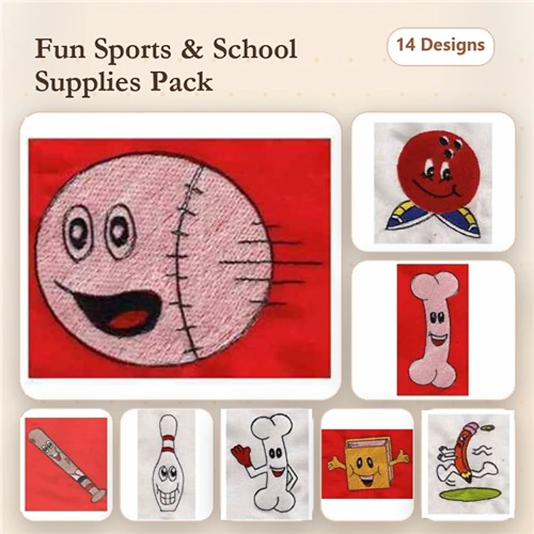 Fun Sports & School Supplies Embroidery Designs Bundle – Baseball with Face, Red Ball, Bowling Pin & More (14 Designs)
