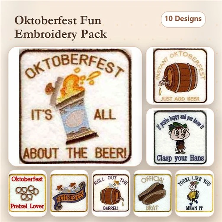 Oktoberfest Embroidery Designs Bundle – Beer Mug, Pretzel Lover, Oktoberfest Party & More (10 Designs)