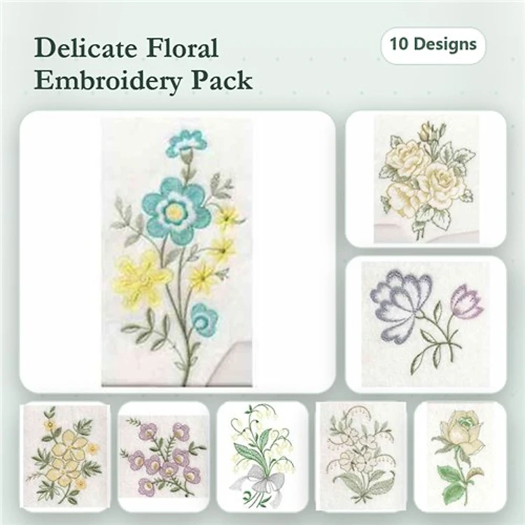 Floral Embroidery Designs Bundle – Blue Floral Arrangement, Yellow Floral Bouquet, Pink and Purple Flower & More (10 Designs)
