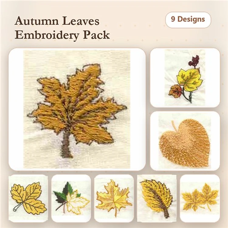 Autumn Leaves Embroidery Designs Bundle – Maple Leaf, Aspen Leaf, Heart Leaf & More (9 Designs)