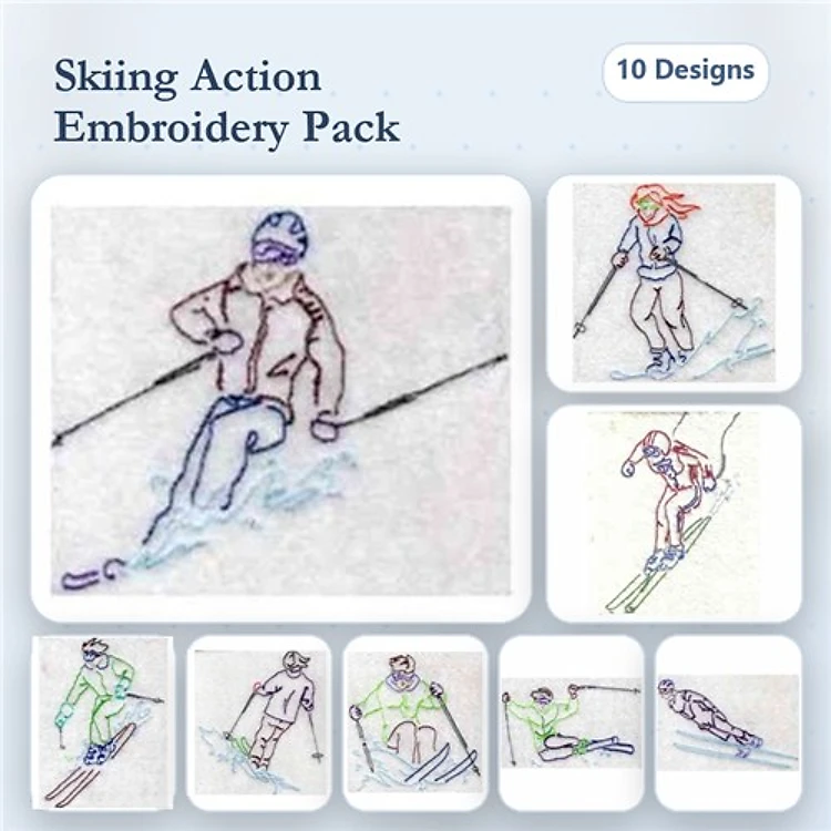 Redwork Skiing Action Figures Embroidery Pack – Skiing Figure 1, Skiing Figure 2, Skiing Figure 3 & More (10 Designs)