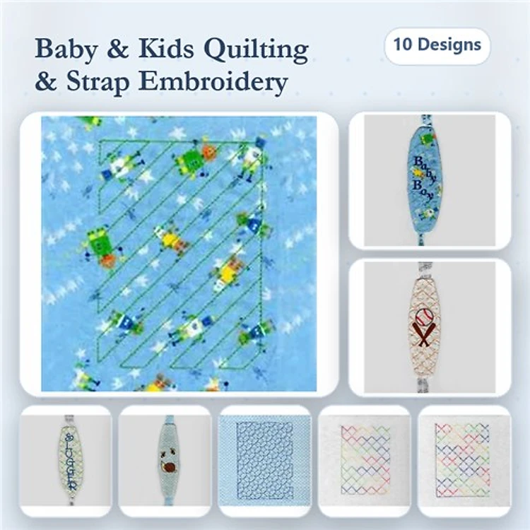 ITH Baby & Kids Quilting Embroidery Designs Bundle – Strap Embroidery, Quilt with Stars, Flowers & More (10 Designs)
