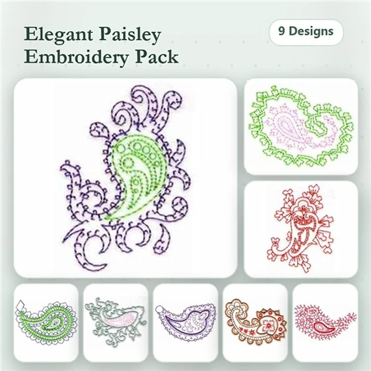 Redwork Elegant Paisley Embroidery Designs Bundle – Paisley Design 1, Paisley Design 2, Paisley Design 3 & More (9 Designs)
