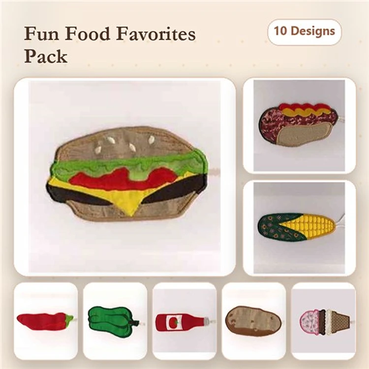 Applique Food-themed Embroidery Bundle – Hamburger, Hot Dog, Corn on the Cob & More (10 Designs)