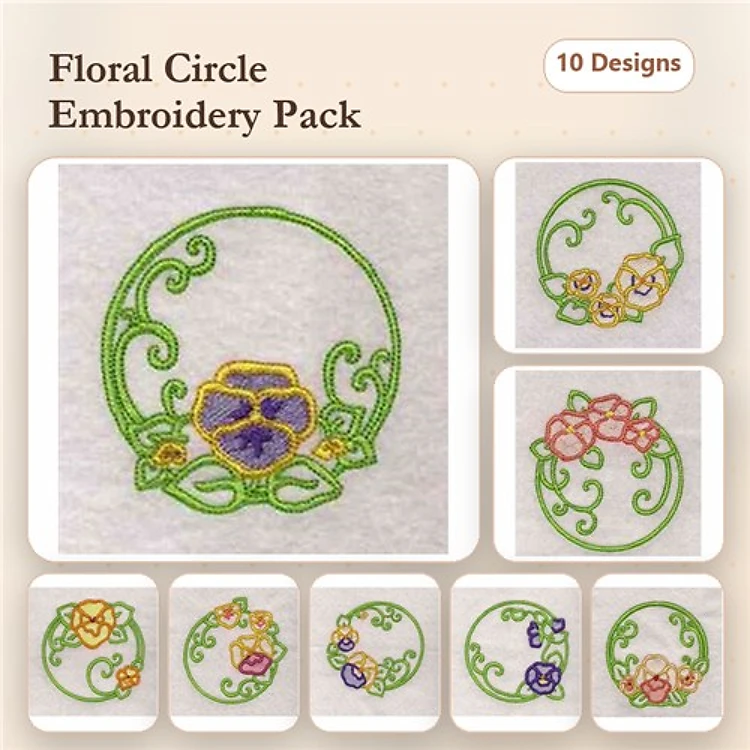 Floral Circle Embroidery Bundle – Pansies, Roses, Daisies & More (10 Designs)