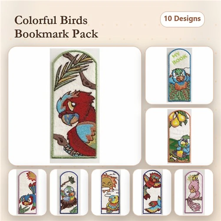 Colorful Bird Bookmark Embroidery Bundle – Parrot, Bluebird, Hummingbird & More (10 Designs)