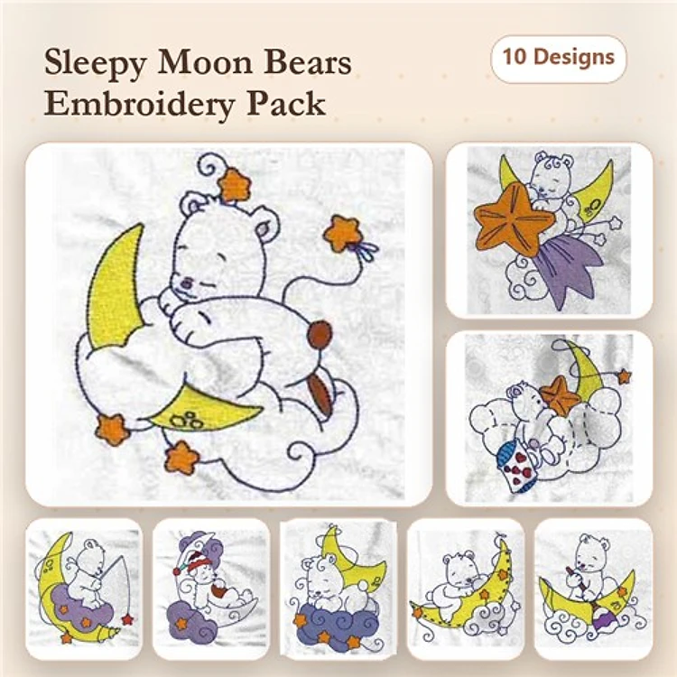 Sleepy Moon Bears Embroidery Designs Bundle – Bear on Moon with Stars, Bear Sleeping on Cloud & More (10 Designs)