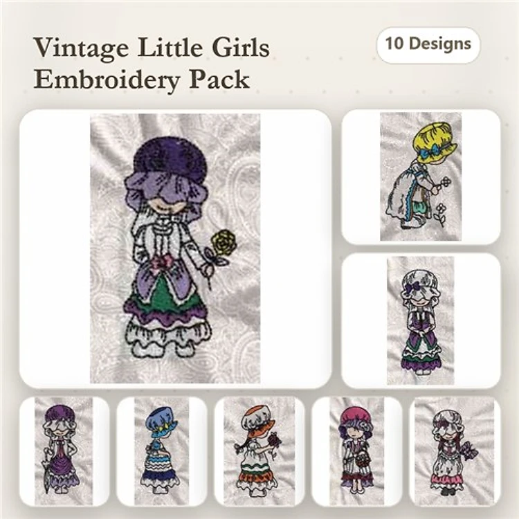 Vintage Little Girls Embroidery Designs Bundle – Girl with Hat and Rose, Girl in Green Dress, Girl with Purple Flowers & More (10 Designs)