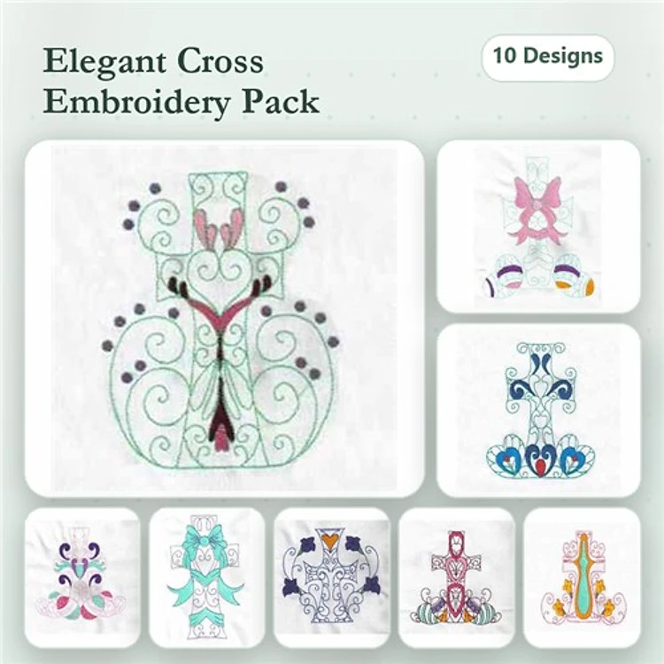 Elegant Cross Embroidery Designs Bundle – Elegant Swirl Cross with Hearts, Floral Cross with Butterflies, & More (10 Designs)