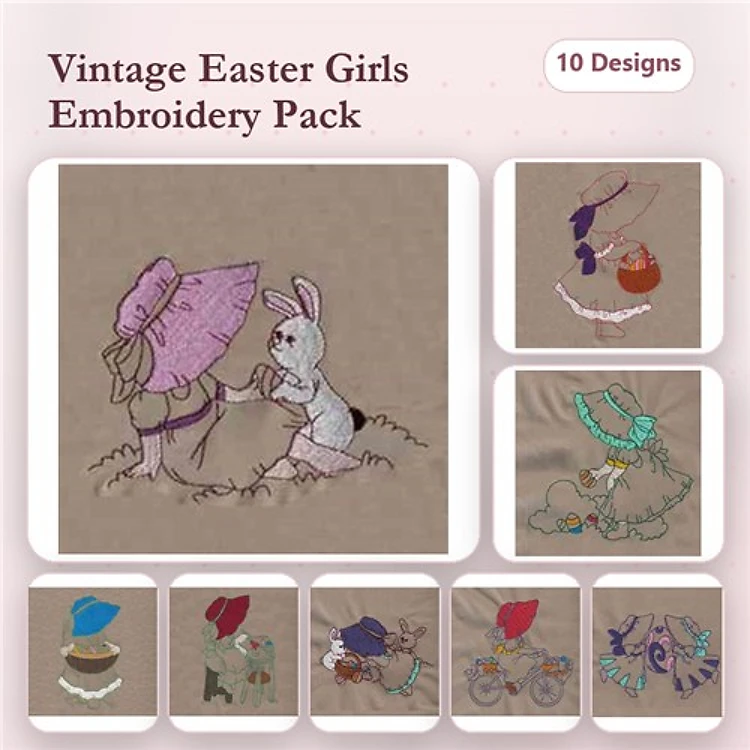 Easter Girls Embroidery Designs Bundle – Girl with Bunny, Girl with Basket, Girl with Flowers & More (10 Designs)