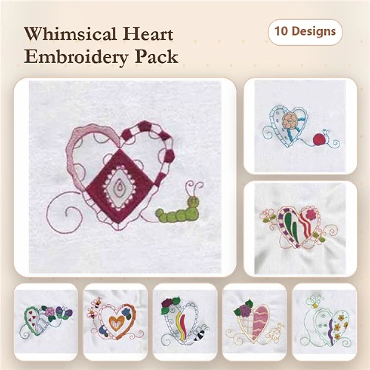Whimsical Hearts Embroidery Designs Bundle – Heart with Caterpillar, Heart with Candy, Heart with Flowers & More (10 Designs)