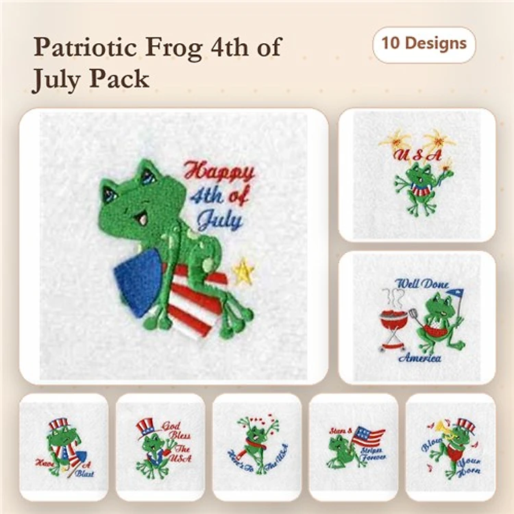 Patriotic Frog Embroidery Bundle – Frog with Flag, Happy 4th of July, USA Frog & More (10 Designs)