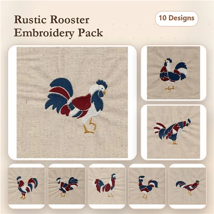 Farm Animal Embroidery Bundle – Rustic Rooster Standing, Rooster with Shimmering Feathers, & More (10 Designs)