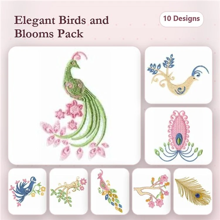 Elegant Birds & Floral Embroidery Designs Bundle – Peacock with Flowers, Bluebird with Floral Accents & More (10 Designs)