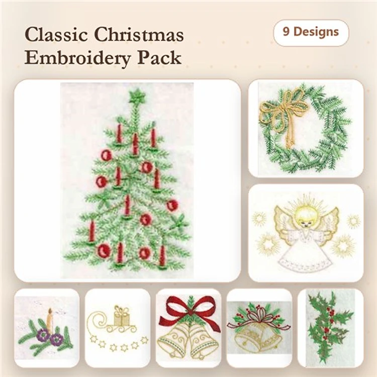 Classic Christmas Embroidery Designs Bundle – Christmas Tree, Wreath, Angel & More (9 Designs)