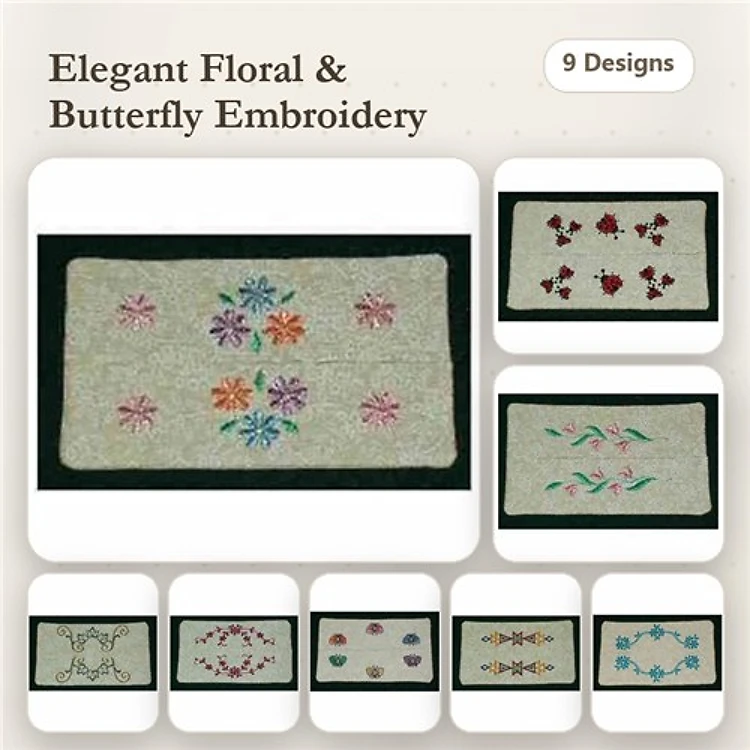 Floral & Butterfly Embroidery Designs Bundle – Elegant Floral Border, Colorful Flower Bouquet, & More (9 Designs)