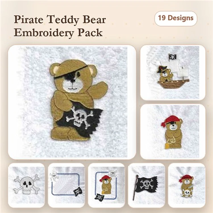 Pirate Teddy Bears Embroidery Designs Bundle – Pirate Ship, Pirate Flag, Pirate Skull & More (19 Designs)