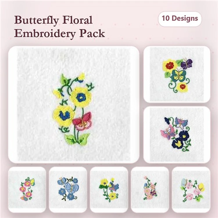 Butterfly & Floral Embroidery Designs Bundle – Blue Butterfly with Flowers, Vibrant Floral Bouquet, & More (10 Designs)