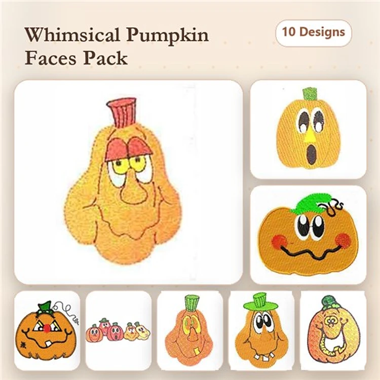 Whimsical Pumpkin Faces Embroidery Designs Bundle – Pumpkin with Hat, Happy Pumpkin, Surprised Pumpkin & More (10 Designs)