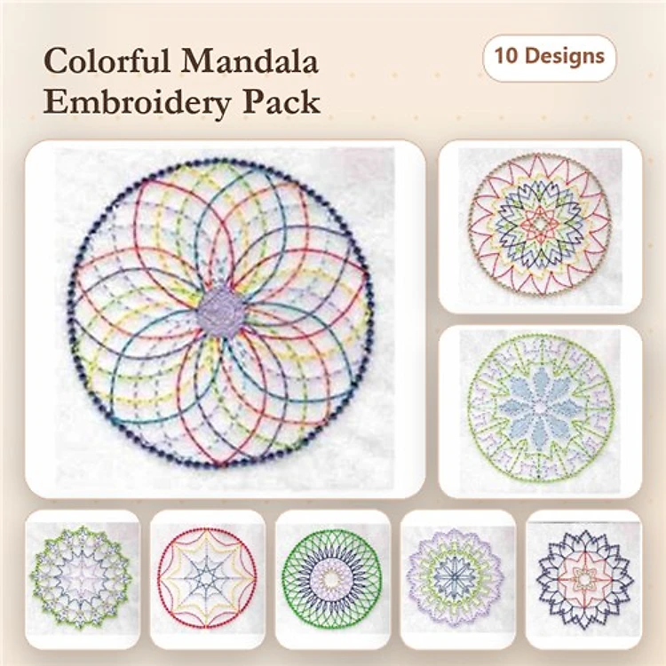 Colorful Mandala Embroidery Designs Bundle – Mandala with Flower Pattern, Geometric Mandala, Floral Mandala with Colors & More (10 Designs)