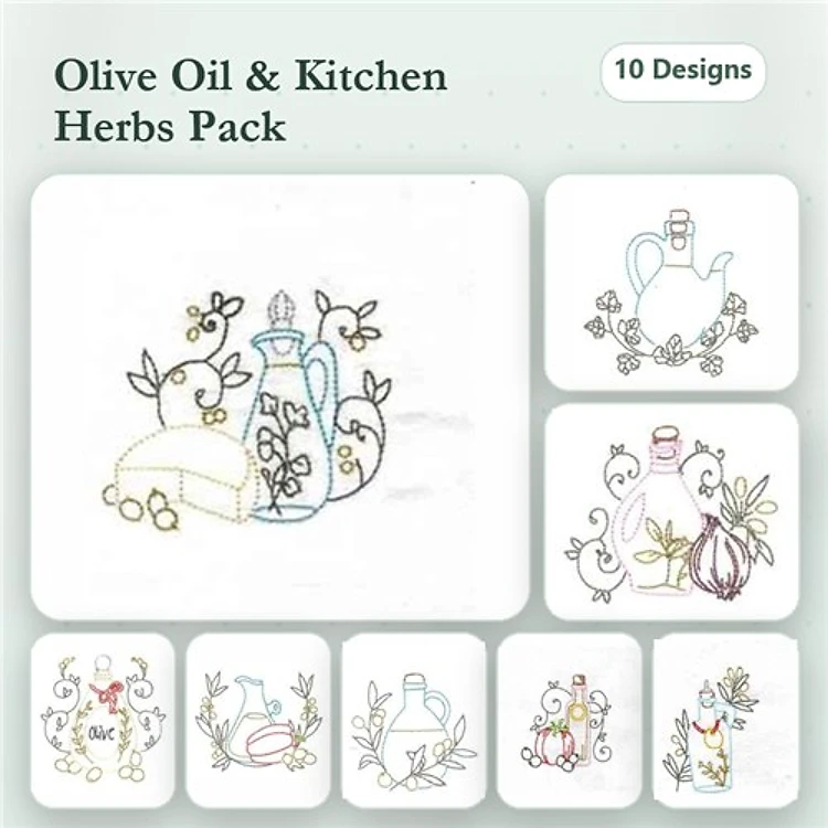 Redwork Kitchen Herbs & Oil Embroidery Bundle – Olive Oil Bottle, Cheese with Herbs, Garlic & More (10 Designs)