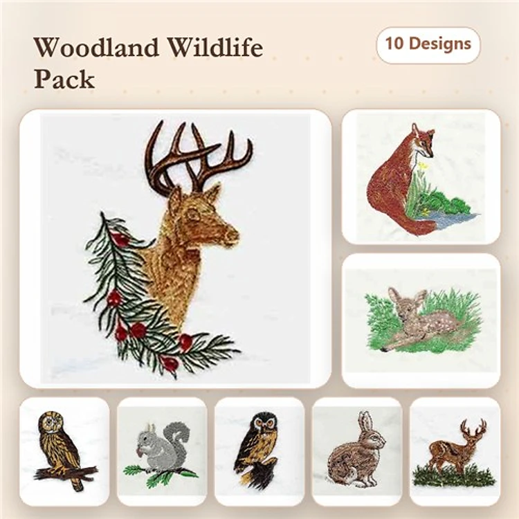 Woodland Wildlife Embroidery Designs Bundle – Deer Head, Red Fox, Rabbit & More (10 Designs)