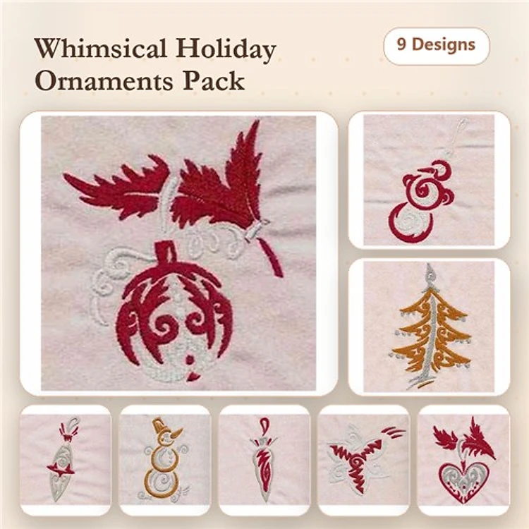 Whimsical Holiday Ornaments Embroidery Designs Bundle – Bird Ornament, Christmas Bauble, Snowman Ornament & More (9 Designs)