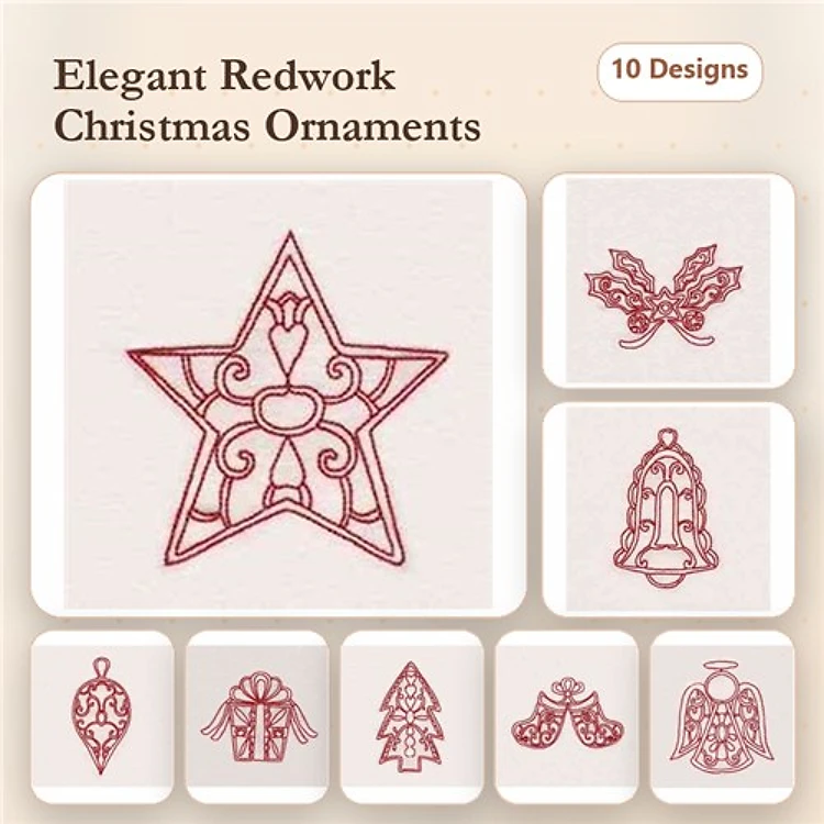 Redwork Christmas Ornaments Embroidery Designs Bundle – Star, Holly, Bell & More (10 Designs)