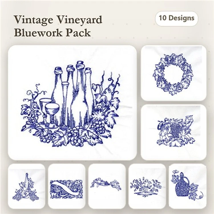 Redwork Vintage Vineyard Embroidery Designs Bundle – Wine Bottles, Grapevine Wreath, Grapes & More (10 Designs)