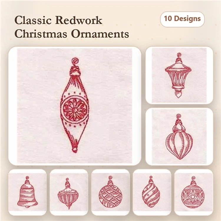 Redwork Christmas Ornament Embroidery Designs Bundle – Ornament with Star, Bell Ornament, Striped Bauble & More (10 Designs)
