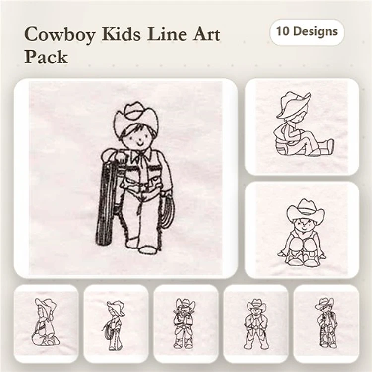 Redwork Cowboy Kids Embroidery Designs Bundle – Cowboy Kid with Lasso, Cowboy Kid Sitting & More (10 Designs)