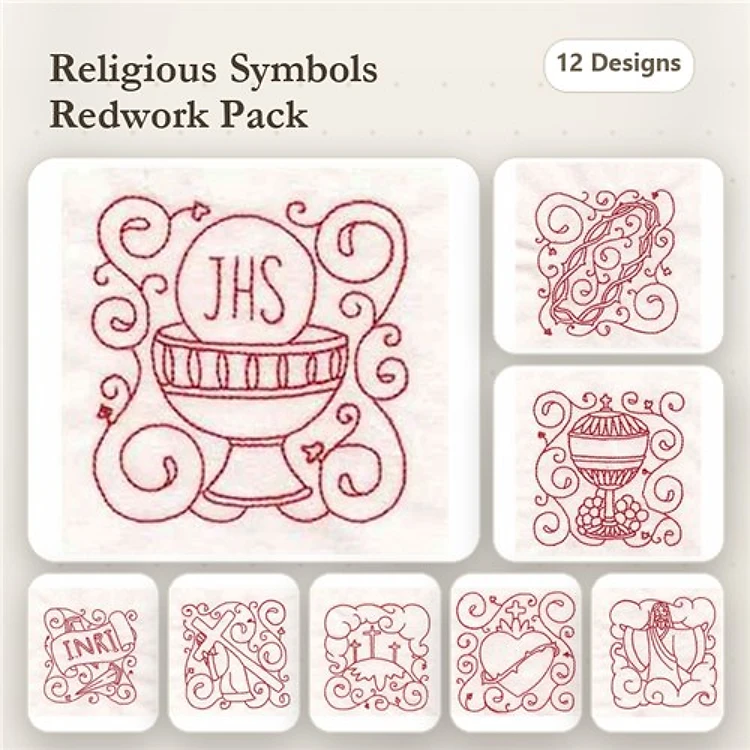 Redwork Religious Symbols Embroidery Designs Bundle – JHS Monogram, Decorative Chalice, Sacred Heart & More (12 Designs)