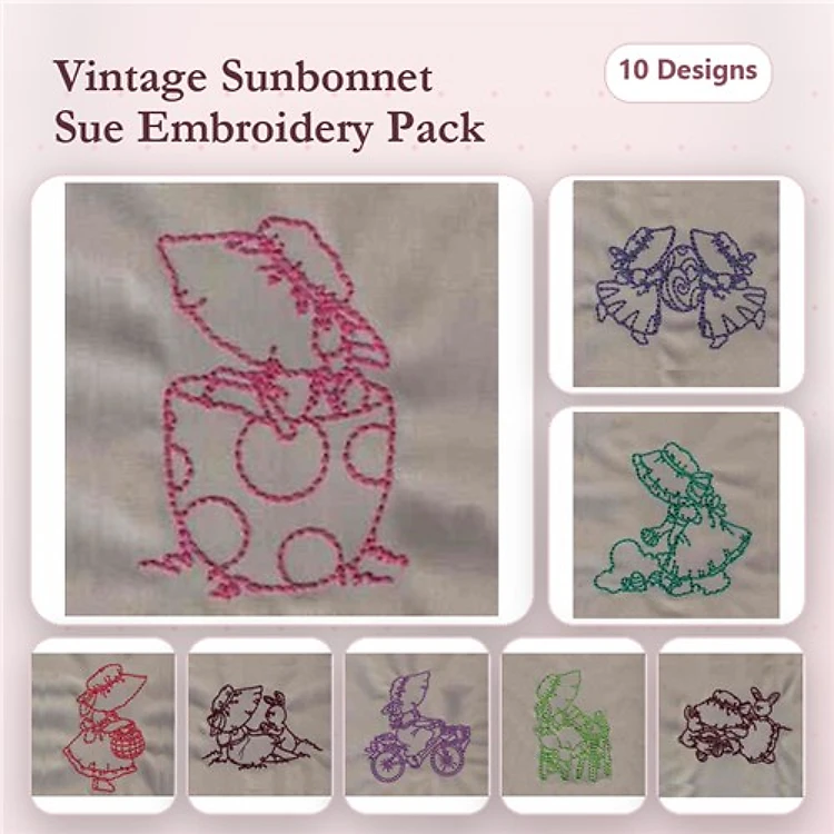 Redwork Vintage Sunbonnet Sue Embroidery Designs Bundle – Sue in Pot, Sue with Cat, Sue Reading & More (10 Designs)