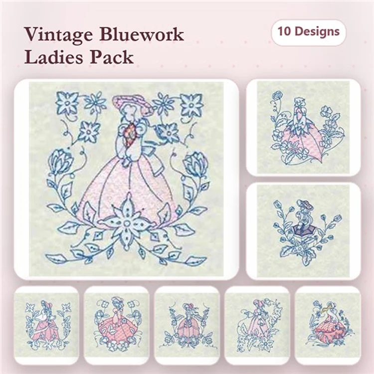 Redwork Vintage Ladies Embroidery Designs Bundle – Floral Bouquet with Lady, Lady with Hat and Flowers, & More (10 Designs)