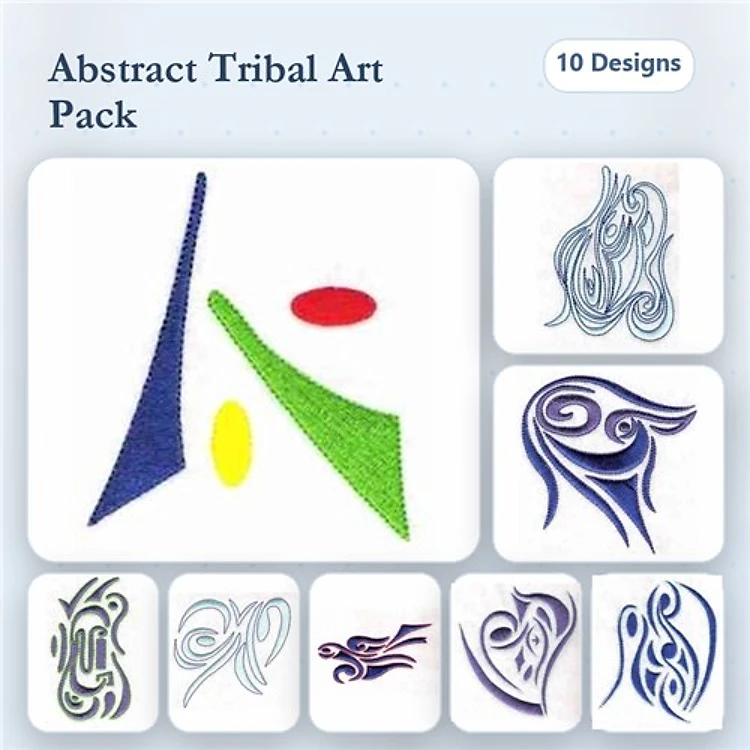 Abstract Tribal Art Embroidery Designs Bundle – Blue Abstract Shape, Green Abstract Shape, Curved Blue Design & More (10 Designs)