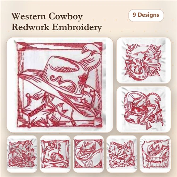 Redwork Western Cowboy Embroidery Designs Bundle – Cowboy Hat, Bull Skull, Lasso & More (9 Designs)