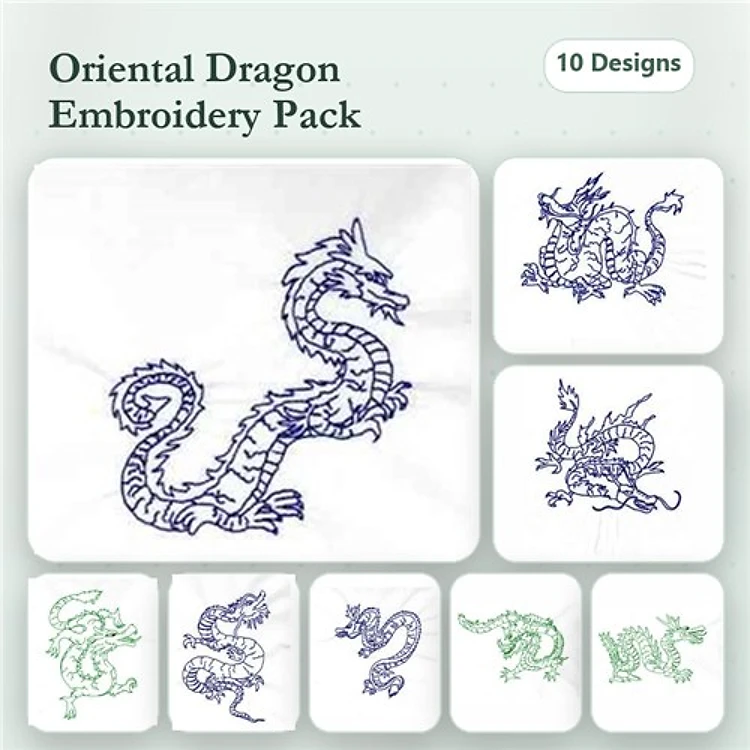 Redwork Oriental Dragon Embroidery Designs Bundle – Dragon in Clouds, Flying Dragon, & More (10 Designs)