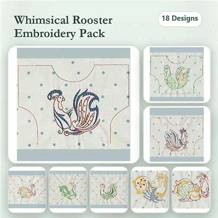 Redwork Whimsical Roosters Embroidery Bundle – Charming Rooster Characters & More (18 Designs)