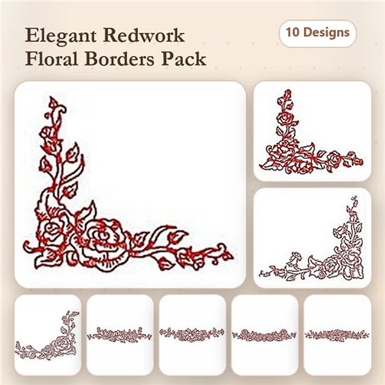 Redwork Floral Borders Embroidery Bundle – Roses, Vines, Leaves & More (10 Designs)