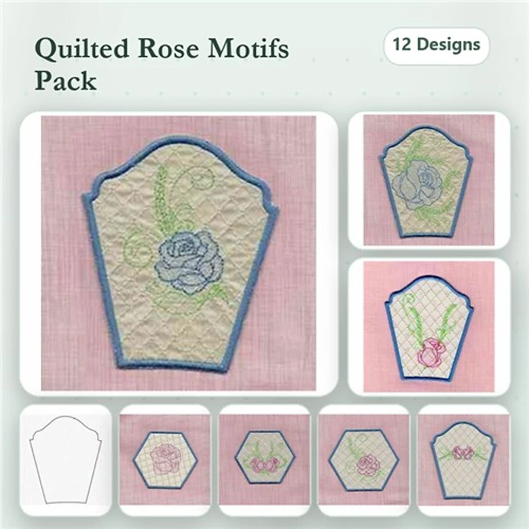 Quilted Rose Motifs Embroidery Designs Bundle – Rose Motif with Blue Outline, Floral Motif with Pink Outline & More (12 Designs)