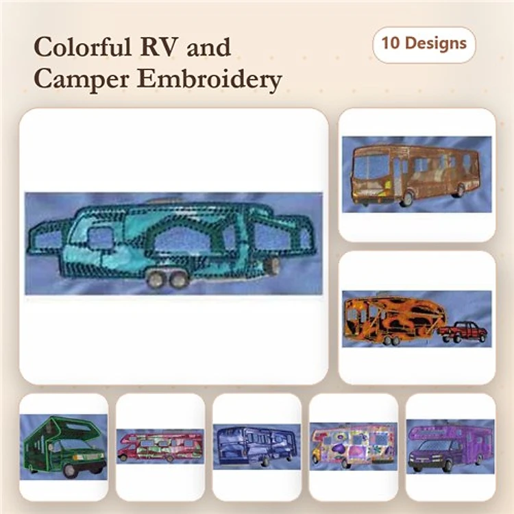 Applique Colorful RV and Camper Embroidery Bundle – Teal RV, Orange Camper, Purple Camper & More (10 Designs)