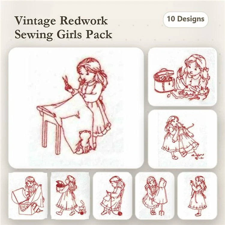 Redwork Vintage Sewing Girls Embroidery Bundle – Girl Sewing, Girl with Scissors & More (10 Designs)
