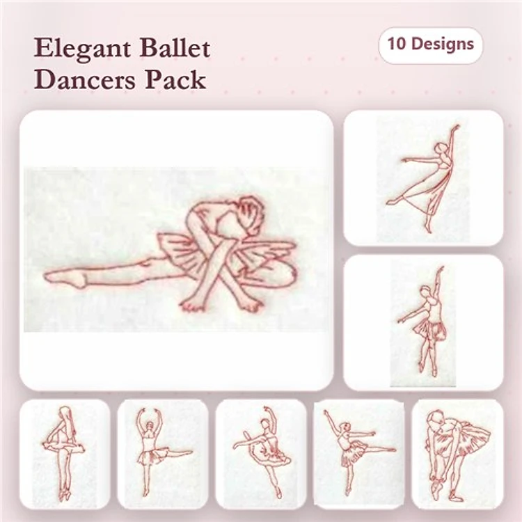 Redwork Ballet Dancer Embroidery Designs Bundle – Dancer with Ribbons, Dancer in Pose, Dancer Leaping & More (10 Designs)
