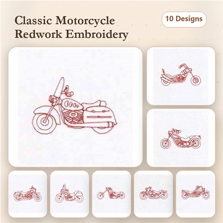 Redwork Classic Motorcycle Embroidery Bundle – Motorcycle Outline 1, Motorcycle Outline 3, Motorcycle Outline 5 & More (10 Designs)