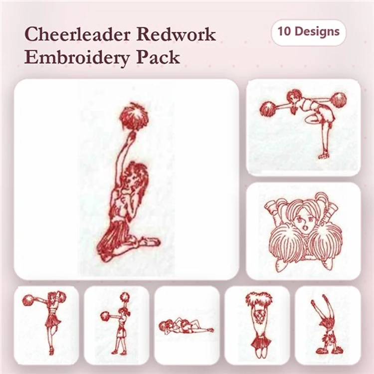 Redwork Cheerleading Figures Embroidery Designs Bundle – Cheerleader Jumping, Stretching, Pom Poms & More (10 Designs)