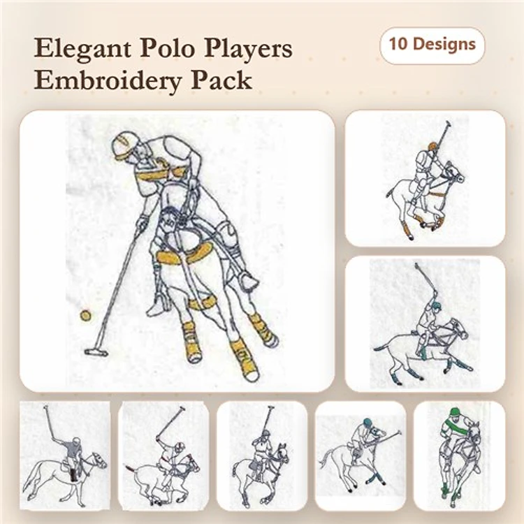 Polo Players Embroidery Designs Bundle – Polo Player on Horse, Polo Player Swinging Mallet, & More (10 Designs)