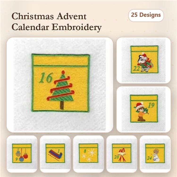 Christmas Advent Calendar Embroidery Designs Bundle – Christmas Tree, Santa Claus, Snowman & More (25 Designs)