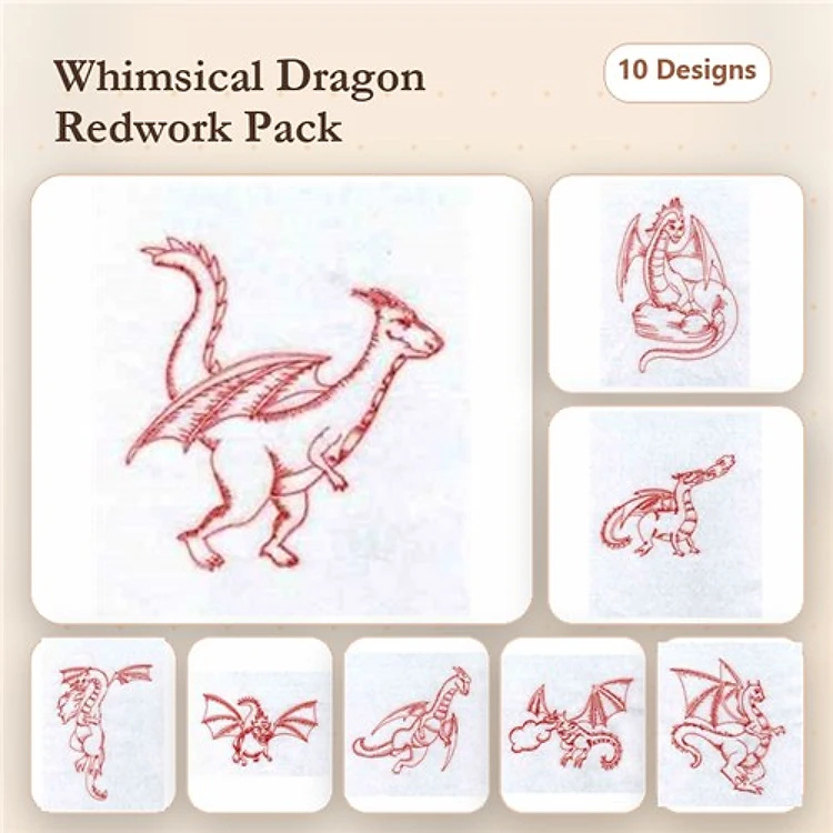 Redwork Whimsical Dragons Embroidery Designs Bundle – Flying Dragon, Curled Dragon, Chubby Dragon & More (10 Designs)