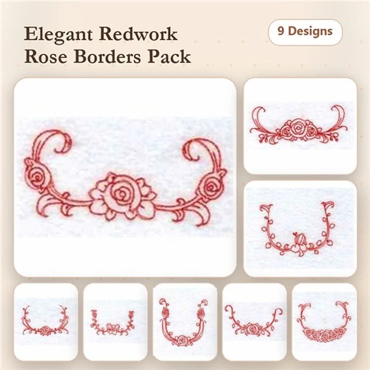 Redwork Elegant Rose Borders Embroidery Designs Bundle – Rose Vine, Fancy Rose Frame, Delicate Rose Edge & More (9 Designs)