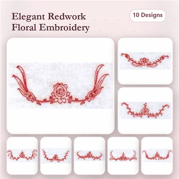 Redwork Floral Embroidery Designs Bundle – Floral Border with Rose, Elegant Floral Ornament, Rosevine & More (10 Designs)